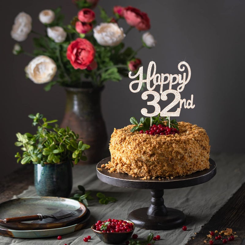 LASKYER Happy 32nd Birthday Decorations,32nd Birthday Gold Rhinestone Cake Topper - Cheers to 32 Years Old Bday Party Metal Sparkly Cake Centerpieces Sign. - Image 4